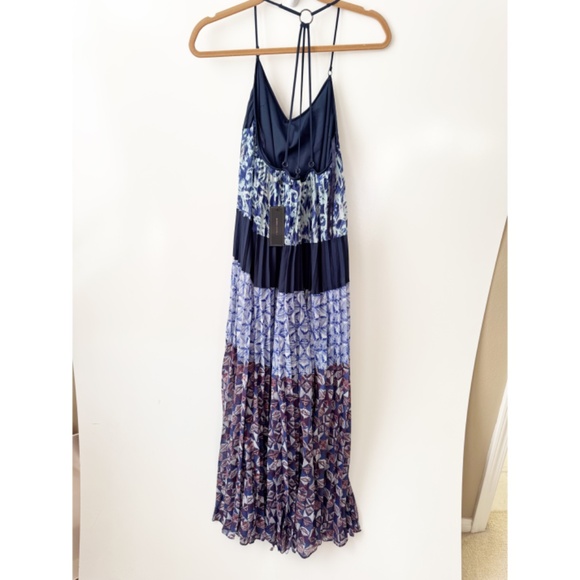 BCBGMaxAzria Juna Print Blocked Pleated Maxi Dress Navy  NWT S - Picture 3 of 9